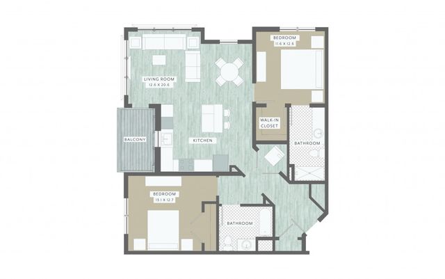 Modern apartment floor plan with two spacious bedrooms, two bathrooms, a cozy living room, and a sleek kitchen leading to a balcony.