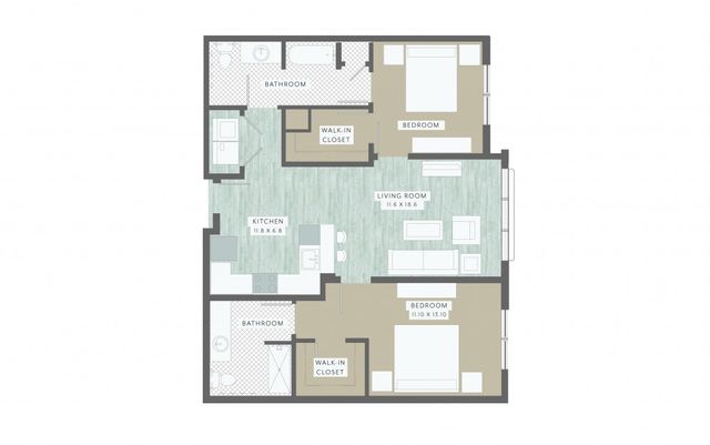 Modern floor plan showcasing a spacious 2-bedroom, 2-bathroom layout with walk-in closets, an open-concept living room, and a functional kitchen.