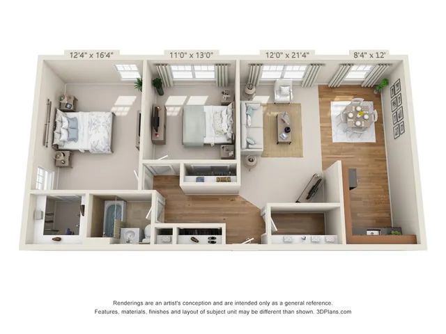 2 BEDROOM, 1 BATH MID-RISE - 880 SF