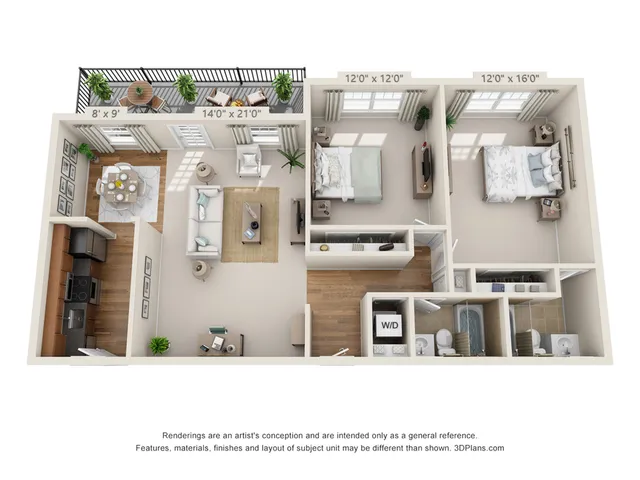 2 BEDROOM, 2 BATH - 1,050 SF