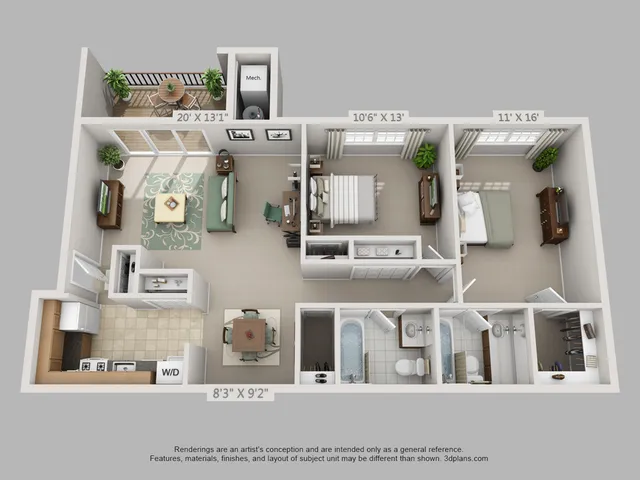 B2 - 2 BEDROOM, 2 BATH - 975 SF