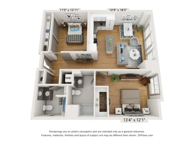 2 bed, 2 bath 1109sf