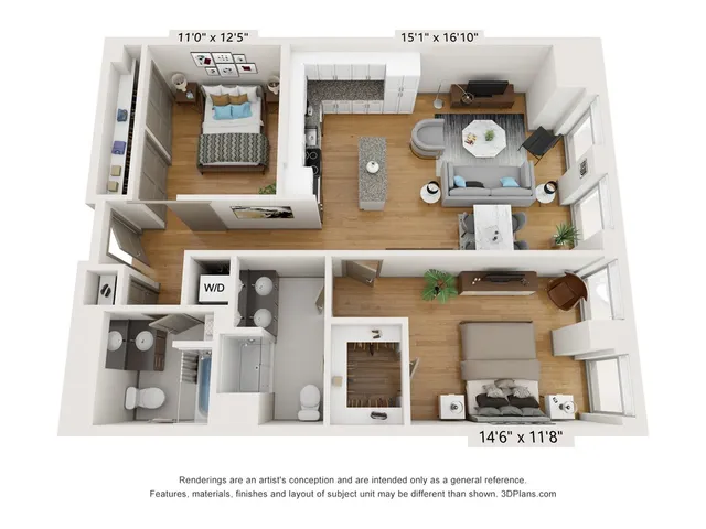2 bed, 2 bath 1117sf