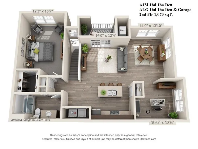 1 Bed, 1 Bath w/ Den 1073 sf