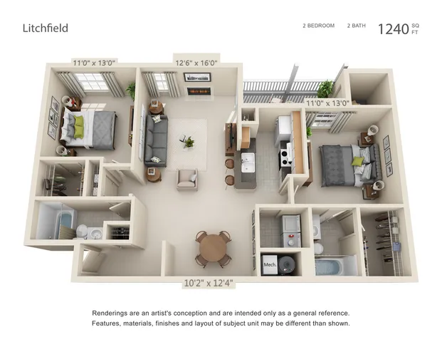 2-Bedroom 2-Bathroom HC | 1240 sqft
