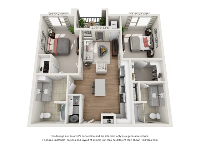 2 bed, 2 bath 1007 SF