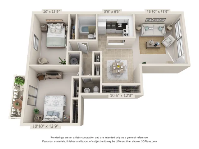 2 Bedroom 1.5 Bathroom Side-by-Side