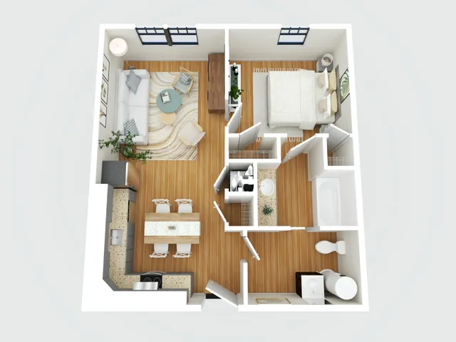Modern open-concept apartment with a cozy bedroom, sleek kitchen, elegant living area, and contemporary bathroom.