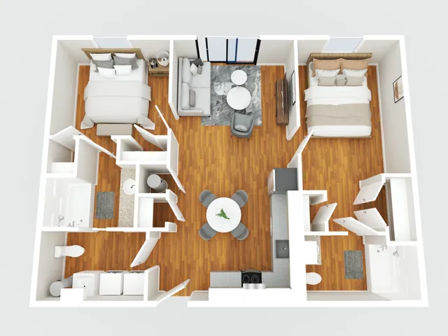 Modern floor plan showcasing two spacious bedrooms, an open living area with chic decor, and a functional kitchen layout.