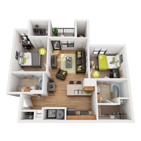 Modern apartment floor plan showcasing 2 bedrooms, a cozy living area, and a stylish kitchen with hardwood floors.
