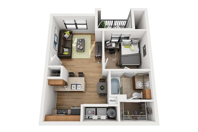 Modern 3D apartment floor plan showcasing 1 bedroom, an inviting living room, sleek kitchen, and contemporary bathroom.