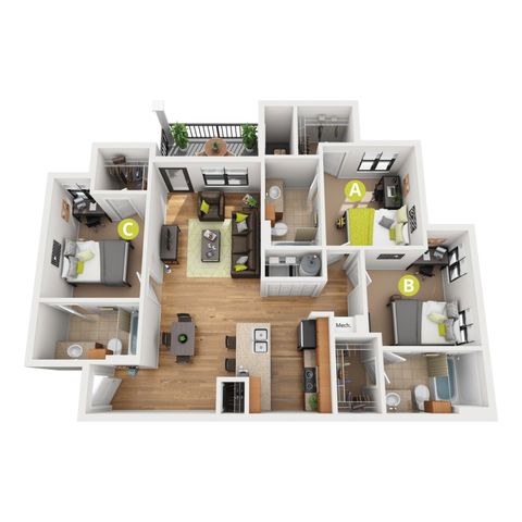 Inviting 3-bedroom floor plan showcasing a modern open-concept living room, stylish kitchen with breakfast bar, and a private balcony.