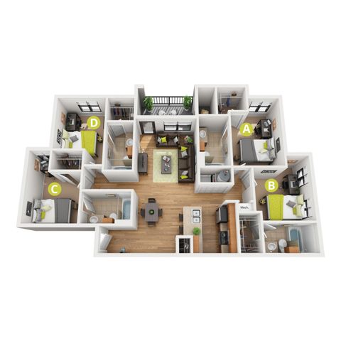 Modern apartment floor plan showcasing four spacious bedrooms, a cozy living room, open kitchen, and stylish bathrooms. Perfect for family living.