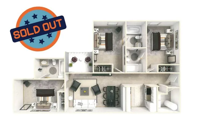 Chic 3D floor plan with 2 cozy bedrooms, elegant open-concept living space, modern kitchen, luxurious bathrooms, and a welcoming balcony. Sold out charm!