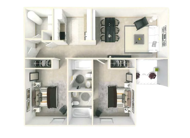 Modern floor plan with two bedrooms, two bathrooms, open living, and dining area.