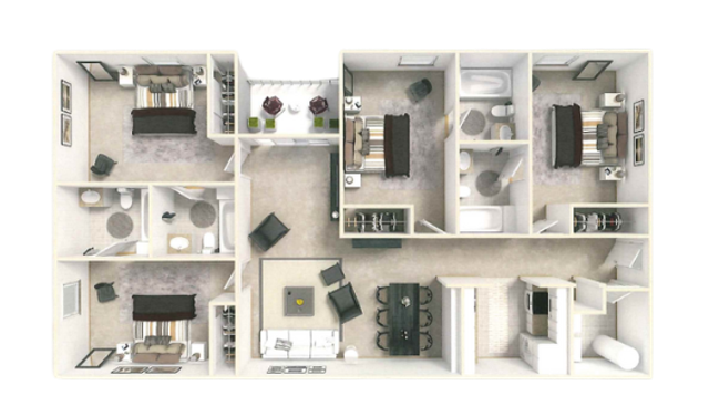 Elegant 2D floor plan featuring 3 bedrooms, 2 bathrooms, a chic living area, and a modern kitchen.
