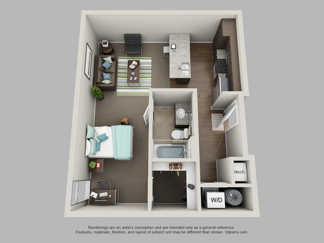 Contemporary 3D floor plan showcasing a cozy 1-bedroom apartment with an open kitchen-living area, modern bathroom, and efficient laundry space.