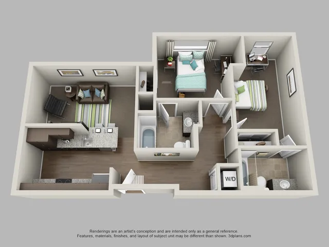 Chic 3D floor plan featuring 2 bedrooms, a stylish living room, modern kitchen with granite countertops, and a convenient washer/dryer area.