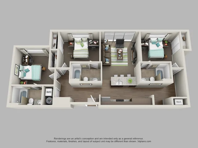 Modern 3D floor plan with 3 bedrooms, cozy living room, full kitchen, and dual bathrooms, perfect for spacious living.