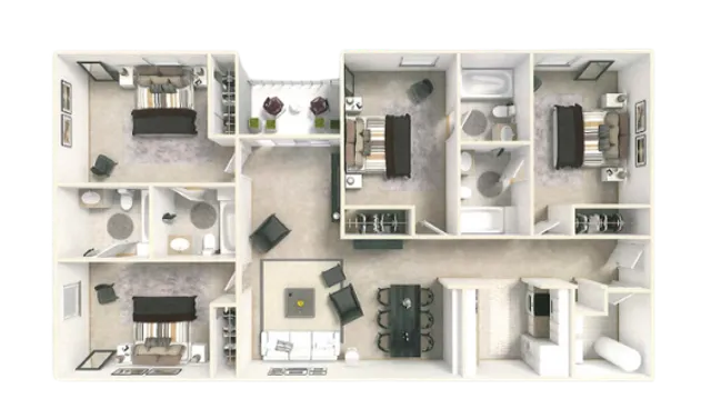 Spacious 3-bedroom floor plan with elegant open-concept living and dining area, modern kitchen, and two bathrooms.