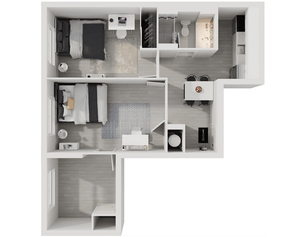 Modern 2D floor plan showcasing a cozy 2-bedroom apartment with an open-concept kitchen and inviting living area.