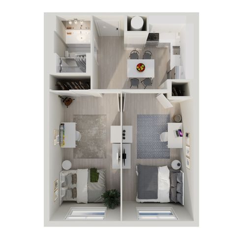Modern 2D floor plan showcasing a cozy 2-bedroom apartment with an open-concept kitchen and inviting living area.