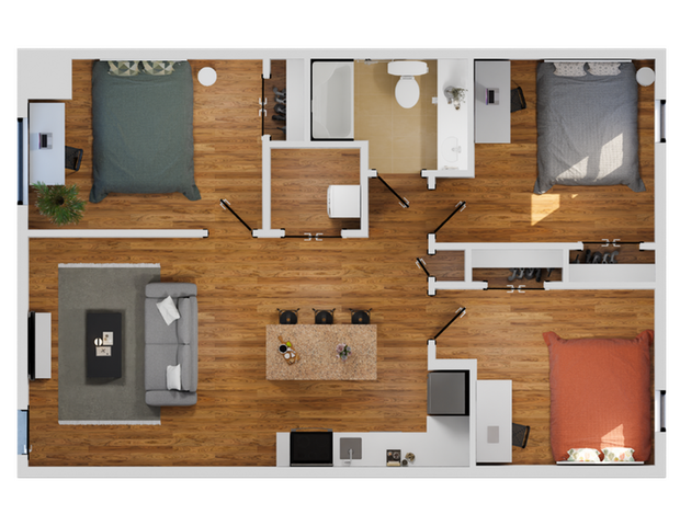 Modern 2D floor plan showcasing a spacious layout with three cozy bedrooms, a stylish open-concept living and dining area, and a well-appointed kitchen.