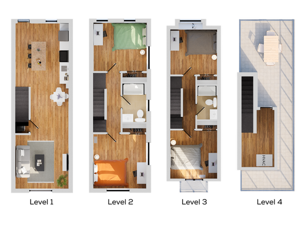 Elegant multi-level floor plan showcasing a spacious open-concept living area with modern kitchen, three cozy bedrooms, and a stylish rooftop patio.