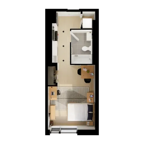 Modern studio apartment layout with a cozy bedroom, integrated kitchen, and sleek bathroom design.