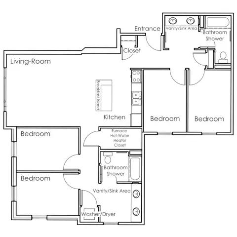 Contemporary floor plan featuring 3 bedrooms, spacious living room, and modern kitchen with breakfast island.