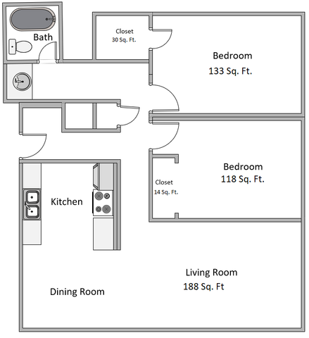 Contemporary floor plan featuring two spacious bedrooms, cozy living room, modern kitchen, and well-appointed bath.