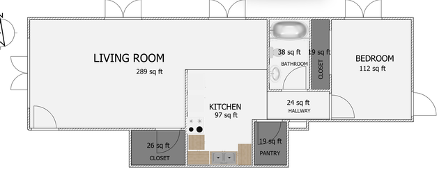 Modern floor plan featuring a spacious 289 sq ft living room, a functional 97 sq ft kitchen, and a cozy 112 sq ft bedroom. Includes bathroom, closets, and pantry for optimal storage.