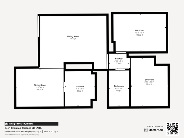 Modern floor plan of Sherman Terrace showcasing 2 bedrooms, a spacious living room, dining room, kitchen, hallway, and bathroom, covering 753 sq ft.