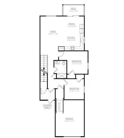 Charming floor plan featuring 2 bedrooms, an open living and dining area, spacious kitchen, deck, and a large garage.