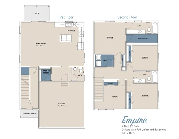 Empire floor plan showcasing a modern 2-story home with 4 bedrooms, 2.5 baths, spacious living/dining area, open kitchen, and full unfinished basement, 1,910 sq. ft.