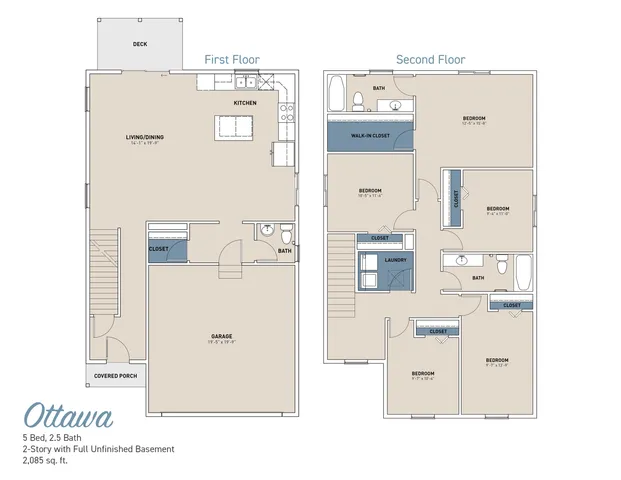 Ottawa floor plan showcasing a 2-story, 5 bed, 2.5 bath home with a spacious living and dining area, modern kitchen, and inviting deck. Includes an attached garage, laundry room, and walk-in closet, spread over 2,085 sq ft with potential for basement expansion.