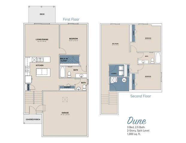 Dune 2-story floor plan featuring 3 bedrooms, spacious living/dining area, modern kitchen, and recreation room, totaling 1,800 sq. ft.