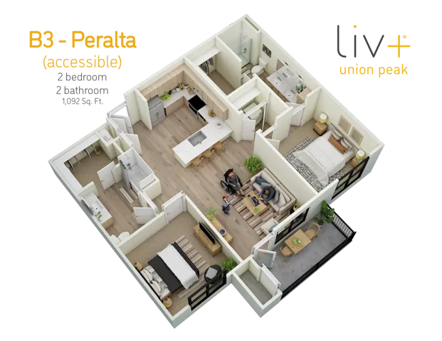 Peralta Accessible 2 Bedrooms Floor plan 3D