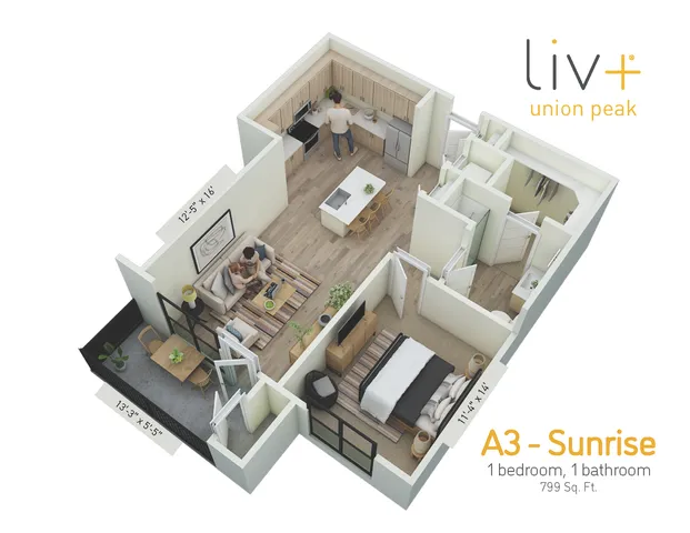 Sunrise 1 Bedroom Floor plan 3D