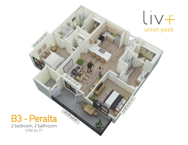 Peralta 2 Bedrooms Floor plan 3D