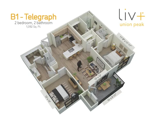 Telegraph 2 Bedrooms Floor plan 3D