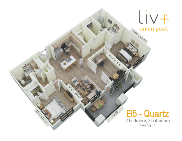 Quartz 2 Bedrooms Floor Plan 3D