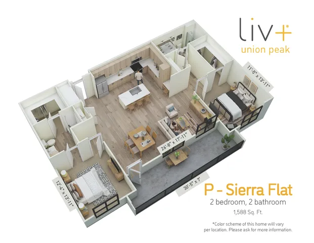 Sierra Flat 2 Bedrooms Floor Plan 3D
