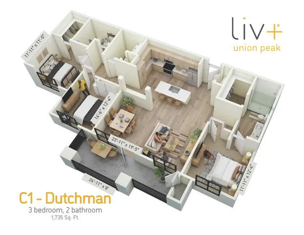Dutchman 3 Bedrooms Floor Plan 3D