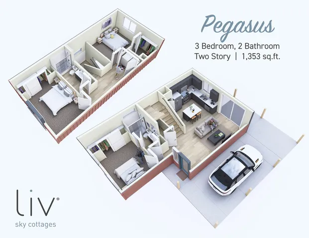Pegasus 3D floor plan showcasing a two-story layout with 3 bedrooms, 2 bathrooms, spacious living area, and modern kitchen in 1,353 sq. ft. Sky cottages design by Liv with an attached carport.