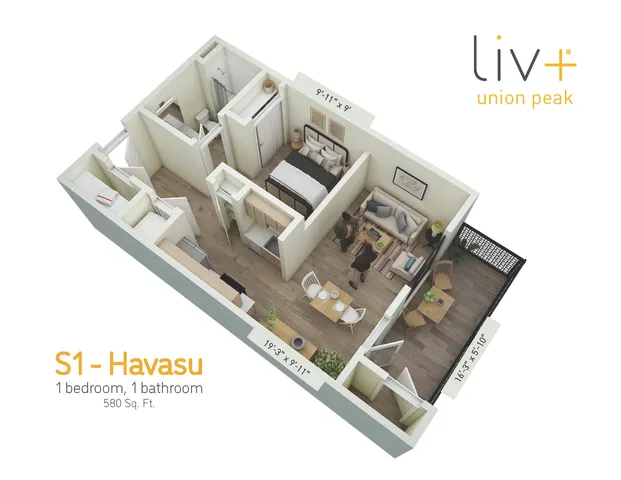 Modern 3D floor plan of S1 - Havasu unit featuring 1 bedroom, 1 bathroom, and an inviting balcony, spacious living and dining area, 580 sq ft at Liv+ Union Peak.