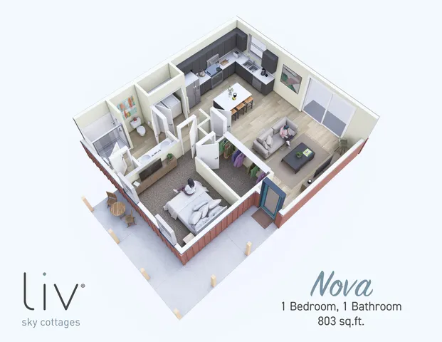 Elegant 3D floor plan of Nova model featuring 1 bedroom, 1 bathroom, open living area, and modern kitchen, covering 803 sq. ft.