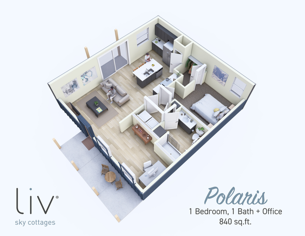 Polaris floor plan depicting a modern 1 bedroom, 1 bath apartment with an office; features an open-concept living area, stylish kitchen, and inviting balcony, totaling 840 sq.ft.