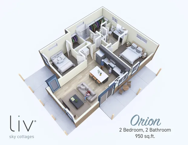 Sophisticated floor plan named Orion boasting 2 bedrooms and 2 bathrooms within 950 sq. ft., featuring an open kitchen and cozy living area.