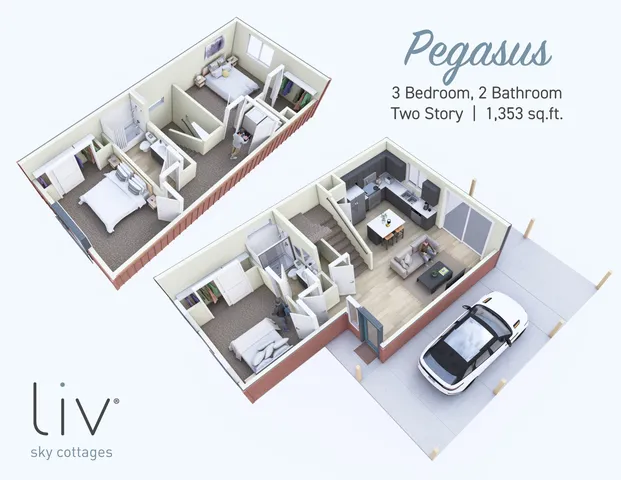 Pegasus 3D floor plan showcasing a two-story layout with 3 bedrooms, 2 bathrooms, spacious living area, and modern kitchen in 1,353 sq. ft. Sky cottages design by Liv with an attached carport.